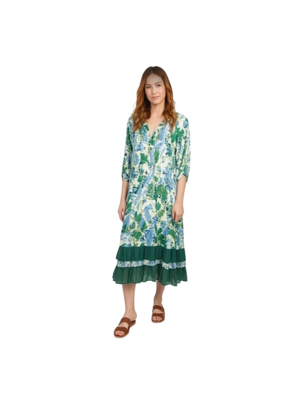 Stella Morgan Cream, Blue & Green Viscose Floral Tiered Dress Sze 16 EUC Cottage